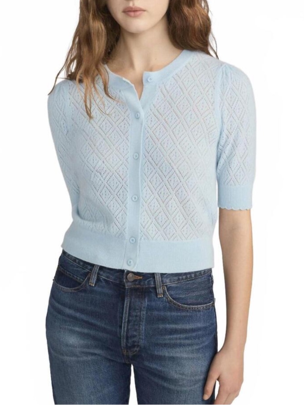 NEW FRAME delicate cashmere short sleeve cardigan in sky blue